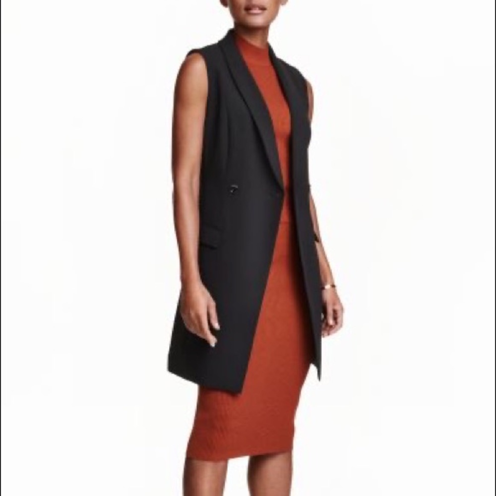 H&M Black Sleeveless Belted Button Dress Vest 2